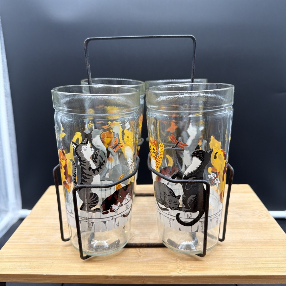 Vtg Anchor Hocking Set Of 4 Cats & Butterflies Drinking Glasses Tumblers Carrier